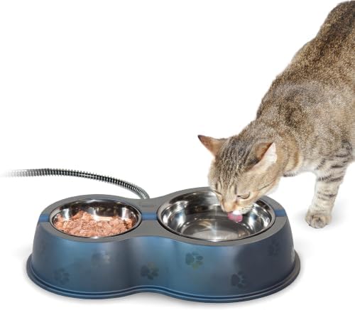 K&H Pet Products Outdoor Heated Cat Food & Water Bowls for Outside Pets, Thermo-Kitty Café Feral Cat Feeding Station, No Frozen Water or Food, Washable Bowls, Safety Listed - 12oz/24oz Stainless by KHPetProducts