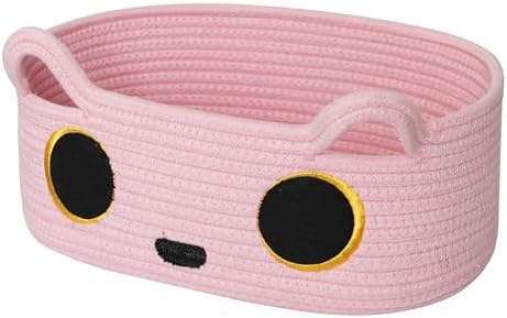 Pink Cat Toy Basket, Small Woven Cat Toy Storage Box with Cute Ears Handle Indoor, Cotton Rope Storage Bin with Embroidered Face for Home Decor, Pet Bed, Baby Nursery Kids Room Organization by Unknown