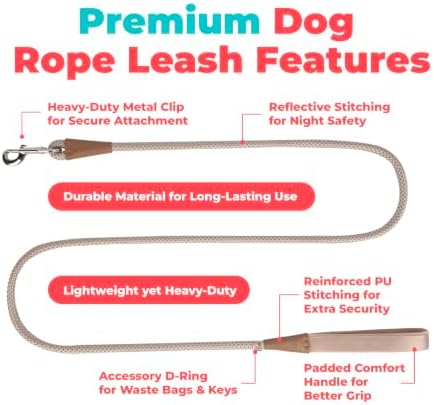 Voyager by Best Pet Supplies Round Rope Reflective Dog Leash - Soft Neoprene Handle & Tangle-Free Hook - Heavy Duty, Strong Durable Lead for Large/Medium/Small Dogs - Khaki, 3/8” x 5' - Image 2