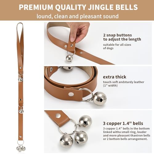 Luckyiren Brown Leather Hanging Door Bells for Dogs to Ring to Go Potty Training Doorbells Tools to Go Outside Dog Accessories Upgraded Puppy Essentials for Home (Silver Jingle Bells) - Image 4