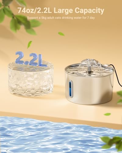 Cat Water Fountain Stainless Steel - 74oz/2.2L Automatic Large Pet Watering Bowl Dispenser for Indoor Dogs - Drinking Fountains with 3 Filter, Gifts for Cats and Kitty - Dog Waterer Bowls No Spill - Image 2