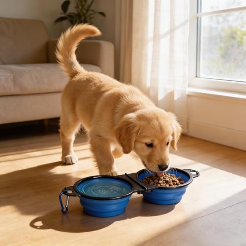 Double Collapsible Dog Bowls for Travel, Food and Water Set with Clip, Blue - Image 6