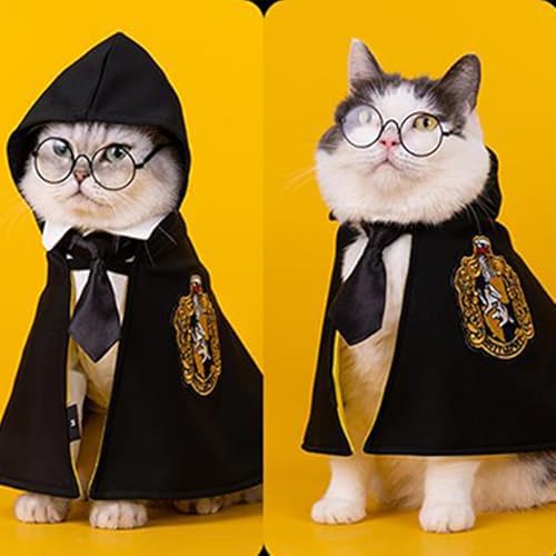 ANIAC 3PCS Halloween Dog Costume Cat Wizard Cape Glasses and Necktie Set Halloween Puppy Outfit Pet Academy Magician Cosplay Apparel for Kitten Cat Small Dogs (Black+Yellow, Medium) - Image 6