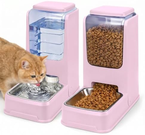 Automatic Cat Feeder and Water Dispenser Set with Stainless Steel Bowls, Gravity Dog Food and Waterer Large Capacity Pet Feeder for Small Medium Kitty Puppy, Light Purple by Unknown