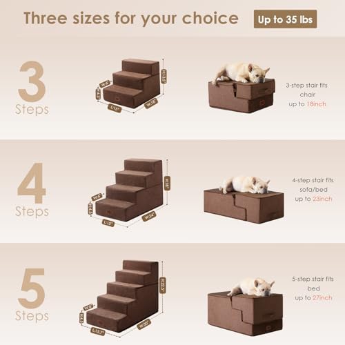 EHEYCIGA Dog Stairs for Bed 18" H, 4-Step Dog Steps for High Bed, Brown - Image 2