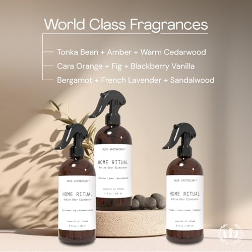 Muse Apothecary Home Ritual Active Odor Eliminator Spray - Furniture Deodorizer Spray & Bathroom Odor Eliminator for Home - Essential Oil Air Freshener - 4oz, Tonka Bean + Amber + Warm Cedarwood - Image 4