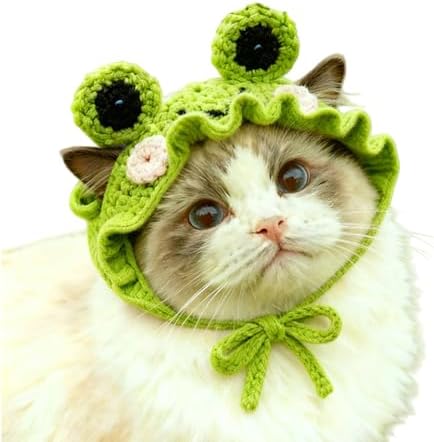 Cute Cat Hat Costume Suitable for 5 to16 lbs - Frog Cat Bonnet Head Circumference 11" or Less Cat Halloween Christmas Costumes Pet Photography Outfits by floofelove