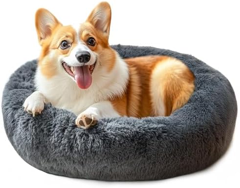 28in Large Dog Bed, Calming Donut Bed for Puppy and Kitten (Dark Grey) by Hoewina