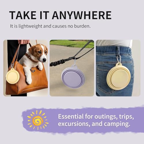 Collapsible Dog Bowls 2-Pack, Portable Travel Dog Bowl with Carabiner, Food-Grade Silicone Pet Bowl for Hiking, Walking (Macaron Yellow and Violet) - Image 5