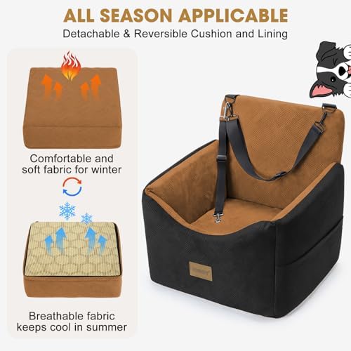 JOEJOY Dog Car Seats for Small Medium Dogs Under 35lbs, Dog Booster Seat with Detachable Washable Cover and Cushion, Memory Foam Pet Car Seat with Safety Belt and Storage Pockets (Brown) - Image 3