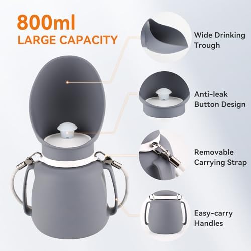 Dog Water Bottle 27 OZ Large Capacity Dog Travel Water Bottle with Drinking Trough Pet Drinking Feeder for Outdoor Walking/Hiking/Travel, Grey - Image 3