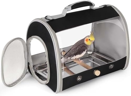 Bird Carrier, Portable Small Bird Parrot Parakeet Carrier with Standing Perch and Stainless Steel Tray, Side Access Window Collapsible (Black, Cylinder Design - Clear) by halinfer