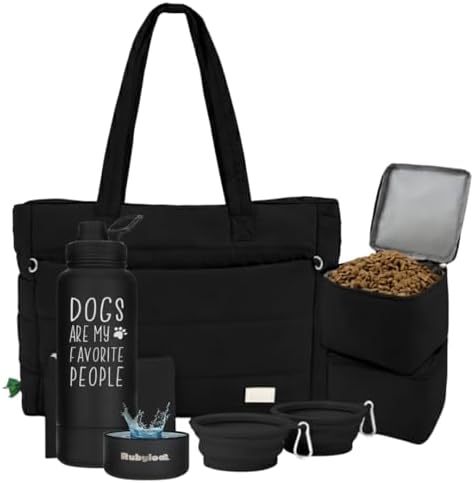 Rubyloo Dog Mom Essentials Bundle - Puffer Tote with Storage Containers (Black) and 32 oz Water Bottle with Detachable Bowl (Dogs are My Favorite People) - Travel Bag and Hydration Set by Rubyloo