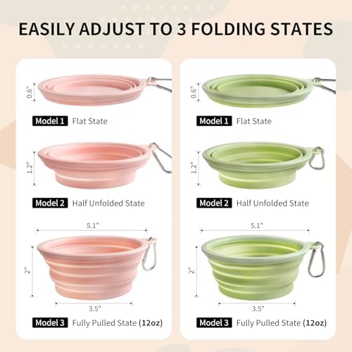 Collapsible Dog Bowls 2-Pack, Portable Travel Dog Bowl with Carabiner, Food-Grade Silicone Pet Bowl for Hiking, Walking (Macaron Pink and Green) - Image 6