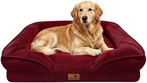 Spotted Play Orthopedic Dog Bed with Sides - Sofa Beds for Extra Large Dogs, Supportive Foam Pet Couch Bed with Washable Removable Cover, Waterproof Lining and Non-Slip Bottom, Burgundy - XL by Spotted+Play