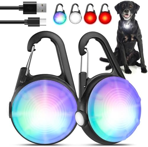 2Pack Dog Lights for Night Walking Dog Collar Light Clip on Rechargeable Glow in The Dark Light with 4Modes & RGB Color for Camping by POEEY