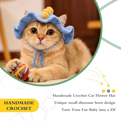 Dinosaur Cat Hat, Cotton & Soft Cute Knitted Hats for Cats Birthday Party Spring Christmas Puppy Hat for Small Pets (Blue,M) - Image 4