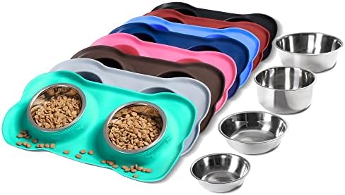 Hubulk Pet Dog Bowls 2 Stainless Steel Dog Bowl with No Spill Non-Skid Silicone Mat + Pet Food Scoop Water and Food Feeder Bowls for Feeding Small Medium Large Dogs Cats Puppies (Large, Mint Green) by Hubulk