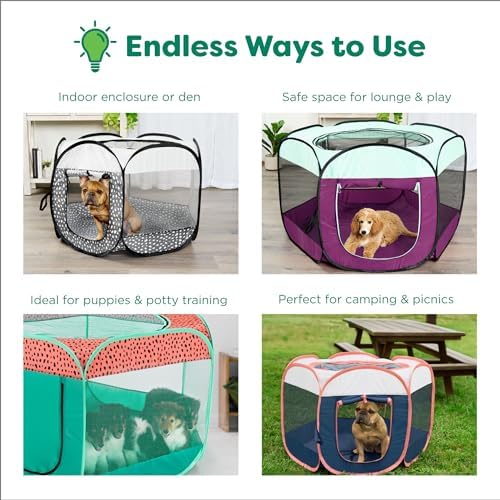 Furhaven Portable Dog Playpen Cat Tent, Pet Playground,Kennel Foldable Indoor Outdoor Zippered Puppy Crate - Green & Pink, Medium - Image 7