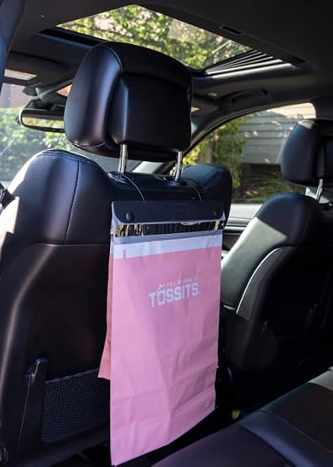 Tossits Hanging Car Trash & Garbage Bags, Disposable, Pink 21 Count | 2 gal, 12 x 15 in, fits over headrest or console, recycled plastic, leakproof, seals odors, everyday light waste - Image 2
