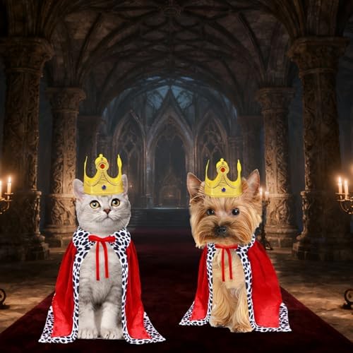 GOYOSWA Cat Halloween Costumes, Pet Cat King Costume King Red Cloak Golden Crown Set Halloween King Prince Costumes for Cats Kitty Small Dogs - Image 4