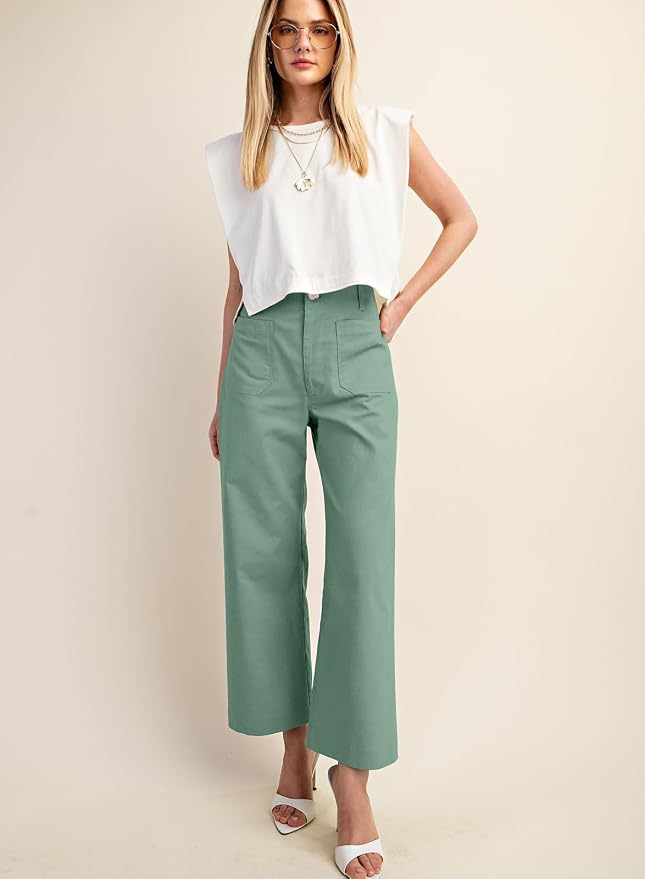 miduo Womens High Waisted Cropped Wide Leg Stretchy Straight Pants Trousers with Pockets - Image 3