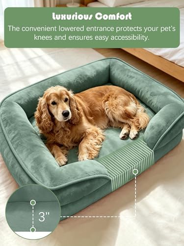 Spotted Play Orthopedic Dog Bed with Sides - Sofa Beds for Large Dogs, Supportive Foam Pet Couch Bed with Washable Removable Cover, Waterproof Lining and Non-Slip Bottom, Green - L - Image 3