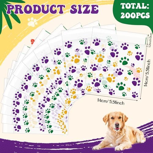 Pasimy 200 Pcs Dog Paw Treat Bags, Clear Self Adhesive Mardi Gras Color - Image 2