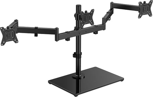 HUANUO Free Standing Triple Monitor Mount for 13-27 Inch Screens | Larger Tempered-Glass Base, Heavy Duty Thicker Steel, Tilt, Swivel, Rotation, Holds up to 22 lbs, VESA 75x75/ 100x100mm by HUANUO