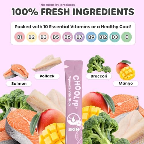 Choolip Squeeze Vita Stick Skin Support Lickable Cat and Dog Treats – 49-Count Multivitamin Sticks for Skin and Coat Health, Soft Puree for All Life Stages – Box with 7 Pouches - Image 2