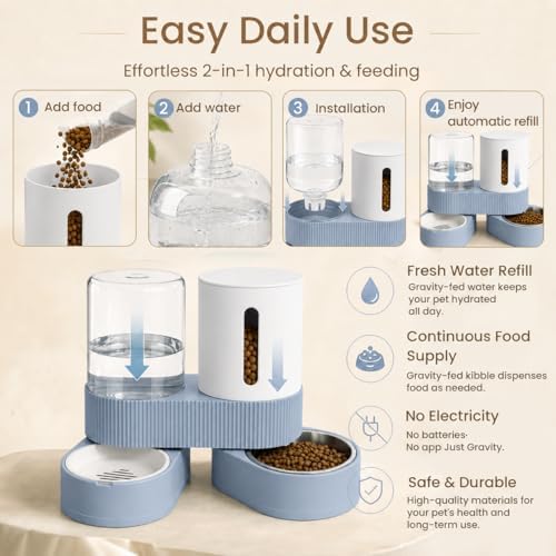 Gravity Cat Feeder 2 Pack Automatic Food Feeder Stainless Steel Water Dispenser Set 360 Degree Rotatable Pet Bowls with Silicone Mat for Cats Small Medium Dogs, Large Capacity(Blue) - Image 2