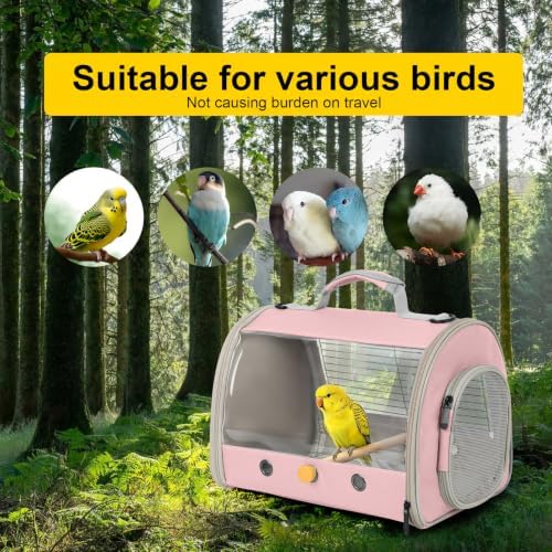 Small Bird Travel Carrier, Wire Grid Window Bird Bag to Carry Cockatiel Parakeet Budgies with Standing Perch (Pink, Cylinder Design - Steel Window) - Image 6