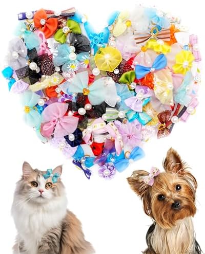 PET SHOW 100 Pack Dog Hair Bows with Rubber Bands for Small Medium Dogs Girls Boys Female Male Puppies Yorkies Topknot Cats with Long Hair Assorted Random Pet Grooming Accessories by PETSHOW