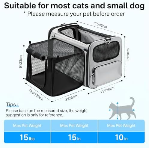 Expandable Cat Carrier, Airline Approved Soft Sided Pet Carrier for Cats & Small Dogs Up to 15 lbs, with Locking Safety Zippers & Cozy Fleece Pad, Portable for Car & Vet Visits, Black - Image 4