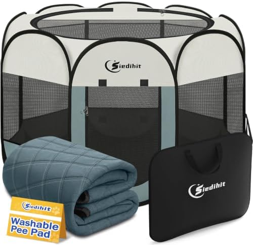 Siedihit Dog Playpen Tent Crate Cage with Washable Pee Pad, Ex-Large Grey by Siedihit