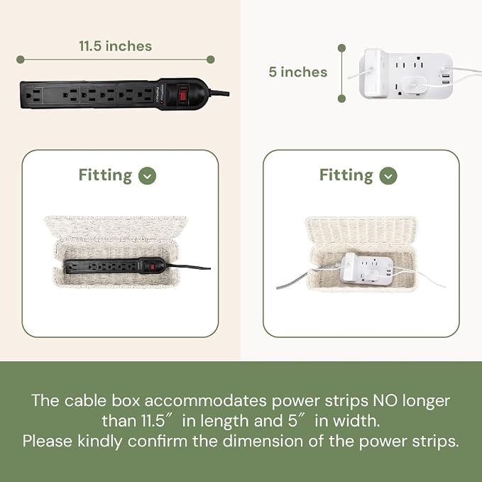 Cable Management Box, Handmade Rattan Cable Organizer with 2 Open Slots, Cord Hider for Power Strip, Router & USB Hub, Registered U.S. Design Patent (D1,112,102), 13" x 5.1" x 5.1", White - Image 4