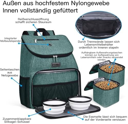 BAGLHER丨Dog Travel Bag, Airline Approved Pet Supplies Backpack, Dog Travel Backpack Accessories Set with 2 Silicone Collapsible Bowls and 2 Food Baskets. Green - Image 4