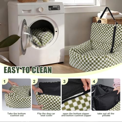 Dog Car Seat for Small Dogs,Medium Dog Car Bed with Detachable Washable Cover,Pet Puppy Booster Cars Seats with Safety Belt Up to 30 lbs(Grid Green) - Image 5