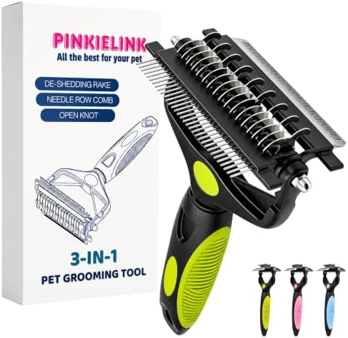 3-IN-1 Pet Grooming Tool - Undercoat Rake, Dematting Comb & Deshedding Brush for Cats, Dogs, Horses - Removes Mats, Tangles & Loose Fur, Reduces Shedding & Prevents Hair Mess (Green) by PINKIELINK