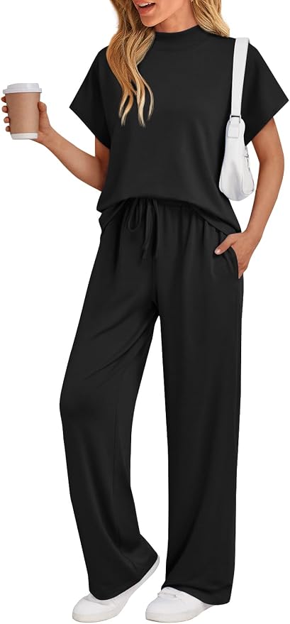 AUTOMET Women's 2 Piece Matching Lounge Sets 2026 Summer Mock Neck Sweatsuits Short Sleeve Loungewear Travel Outfits by AUTOMET