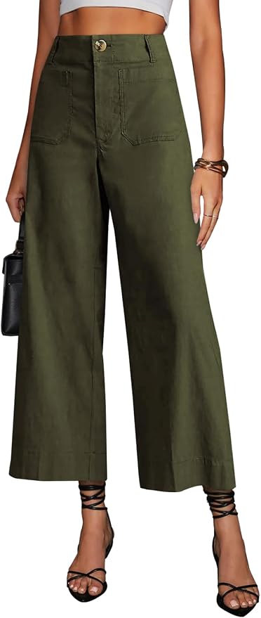 miduo Womens High Waisted Cropped Wide Leg Stretchy Straight Pants Trousers with Pockets by miduo
