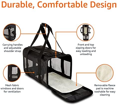 Amazon Basics Airline Approved Soft-Sided Mesh Pet Travel Carrier with Shoulder Strap, Portable, Washable Removable Fleece Pad for Dog, Cat, up to 16 pounds, 16.5" L x 10.6" W x 11" H, Black - Image 4