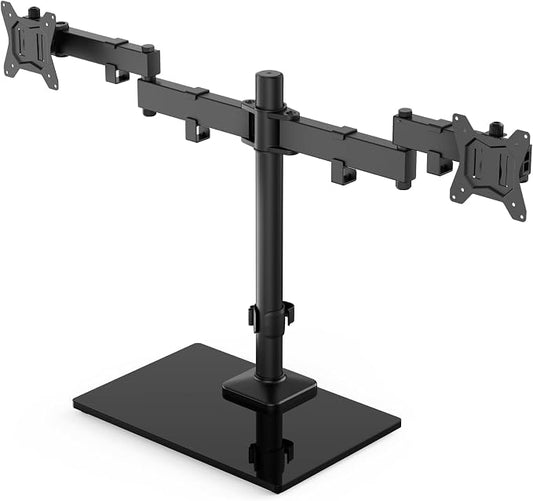 HUANUO Freestanding Dual Monitor Stand, 32 Inch Dual Monitor Mount for 2 Screens, Holds up to 19.8 lbs per Arm, Gaming Monitor Arm Riser with Tempered-Glass Base, Tilt, Swivel, Rotation, Black by HUANUO