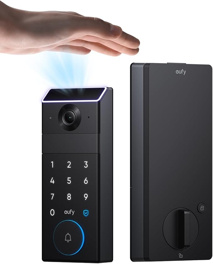 eufy Security Smart Lock FamiLock S3 with Palm Vein Recognition, Keyless Entry Door Lock for Front Door, Wi-Fi Keypad Deadbolt+ 2K HDR Doorbell Camera, 16 GB Built‑in Storage, BHMA 1, No Monthly Fee by Unknown