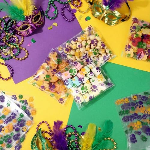 Pasimy 200 Pcs Dog Paw Treat Bags, Clear Self Adhesive Mardi Gras Color - Image 4