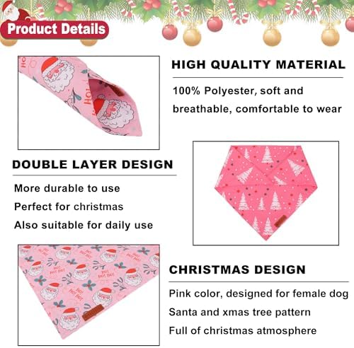 ADOGGYGO Pink Christmas Dog Bandana, Santa Xmas Tree Dog Scarf, Adjustable Fit Pink Pet Christmas Bandanas for Medium Large Dogs (Large) - Image 5