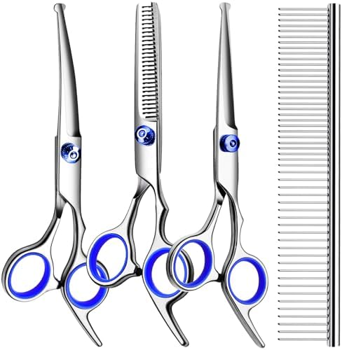 TINMARDA Dog Grooming Kit, Professional Stainless Steel Dog Grooming Scissors with Curved Shears, Blue Finger Rings - 4 Piece Sharp Durable Pet Shears for Dogs Cats At Home Salon-Quality Grooming by TINMARDA
