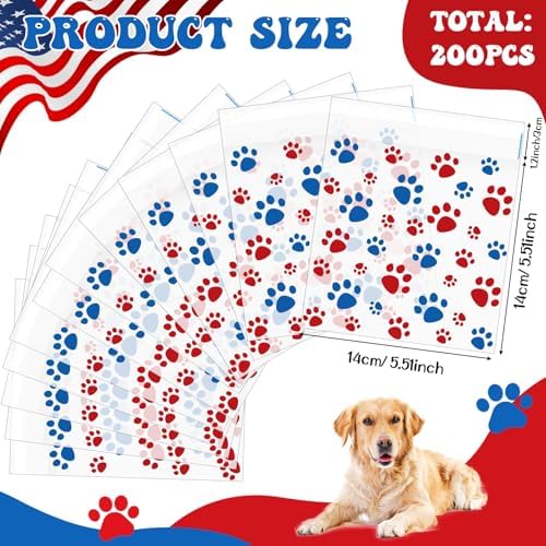 Pasimy 200 Pcs Dog Paw Treat Bags, Clear Self Adhesive Patriotic Color - Image 2