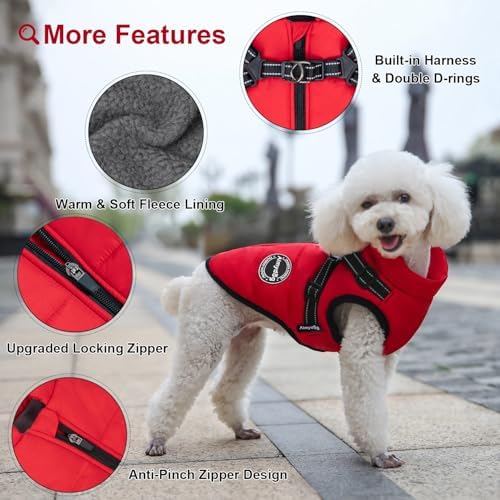 Dog Winter Coat, Warm Dog Jacket Reflective Adjustable Fleece Vest with Harness Built in, Windproof Pet Snow Jacket Snowsuit with Zipper for Small Medium Dogs, Red XS - Image 3