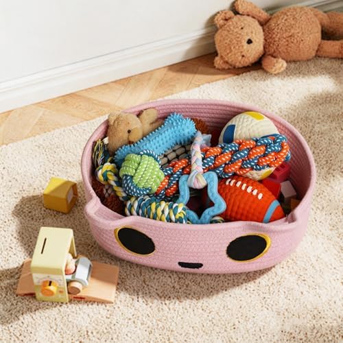 Pink Cat Toy Basket, Small Woven Cat Toy Storage Box with Cute Ears Handle Indoor, Cotton Rope Storage Bin with Embroidered Face for Home Decor, Pet Bed, Baby Nursery Kids Room Organization - Image 5